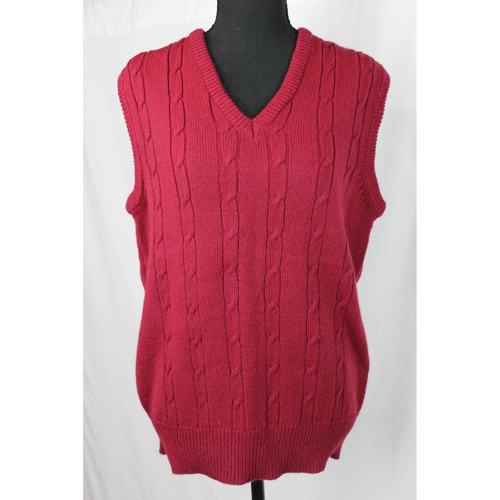 Vintage Kmart Mens Small Red Cable Knit Sweater Vest V-Neck Burgundy Acrylic S